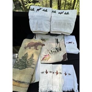 Bacova Log Cabin Mountain OUTDOORSMAN SHOWER Curtain Rug Towels Used Moose Bear